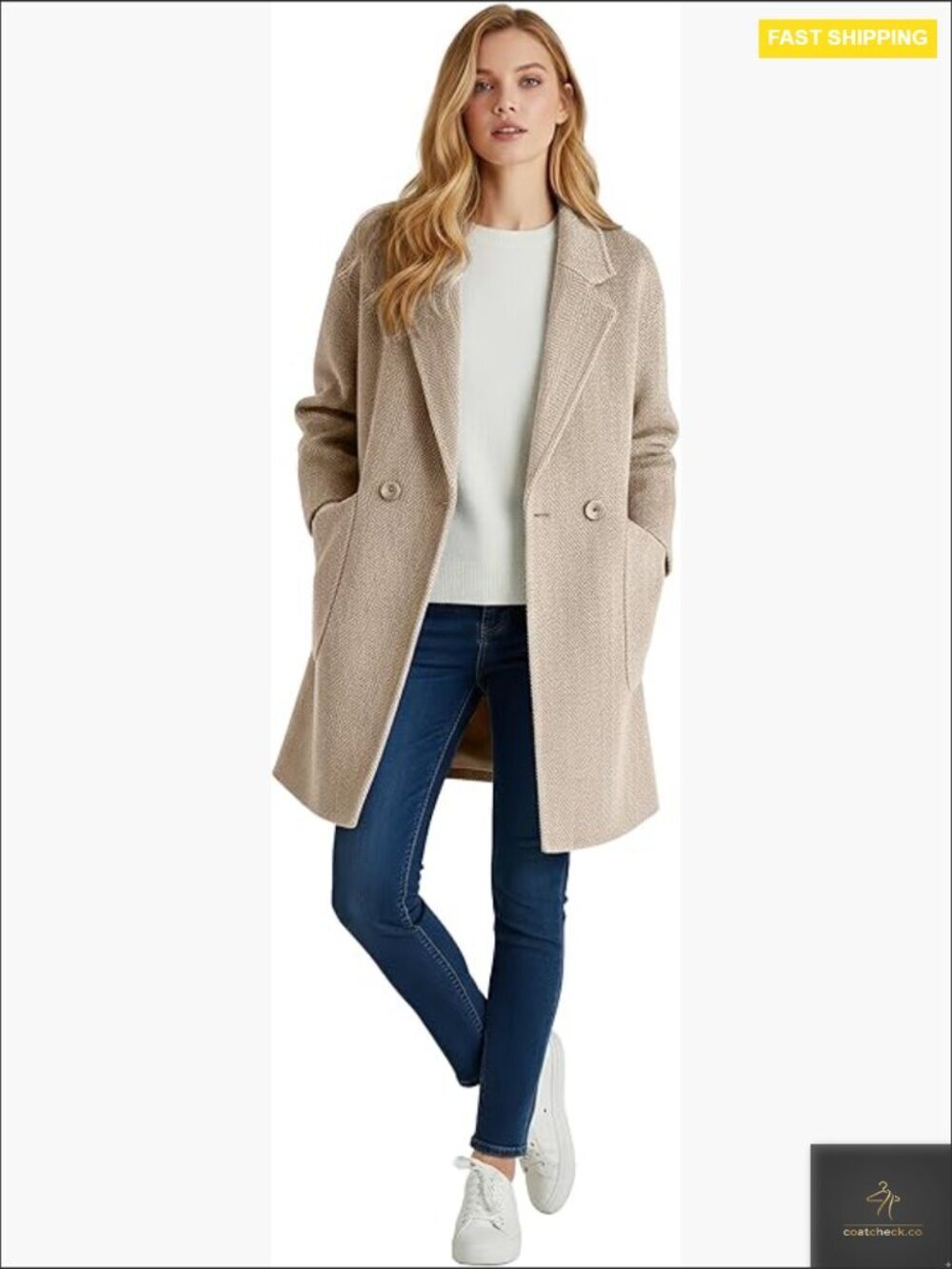 Winter Warm Pea Coat Herringbone Notch Lapel Mid-Long Single Breasted Quilted